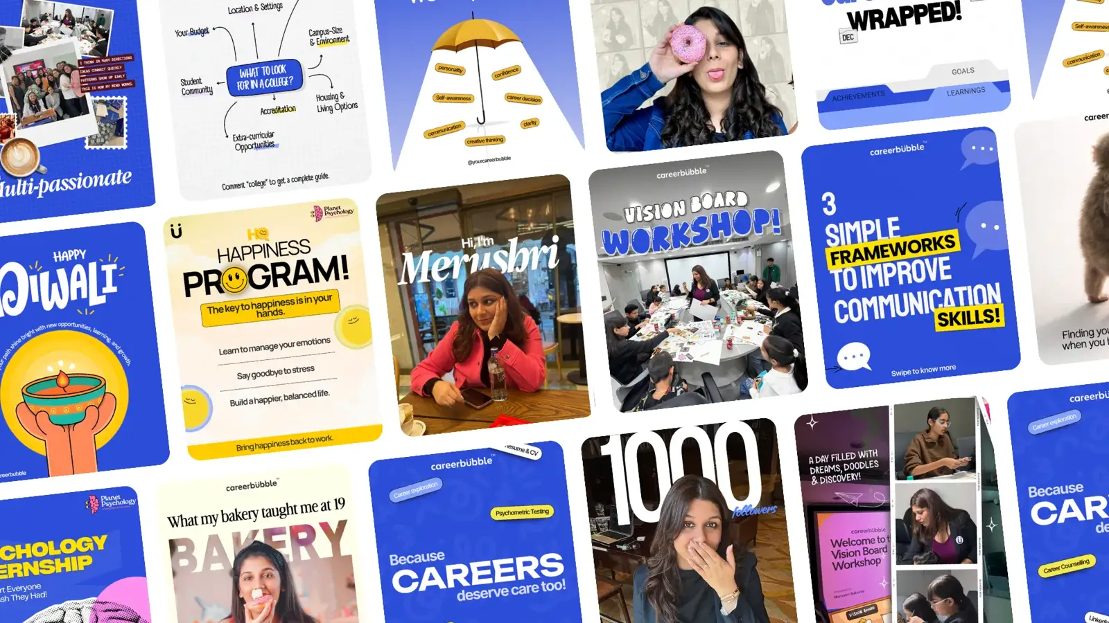 A collage of Career Bubble social posts and photos of Merushri with students