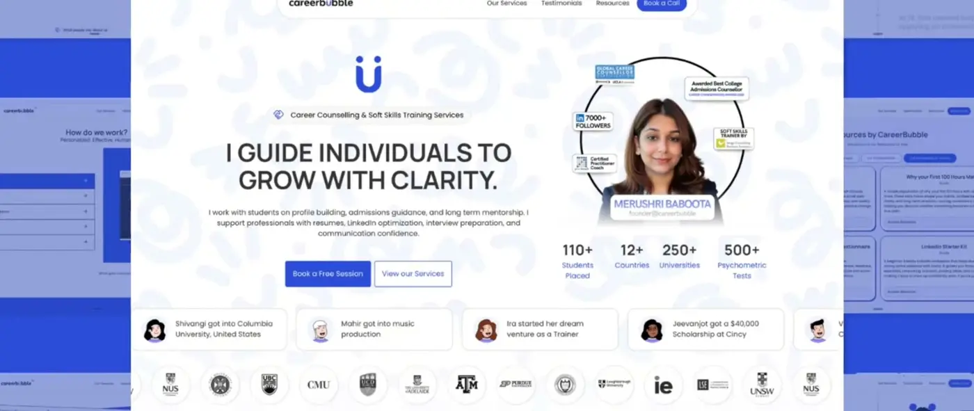 The Career Bubble homepage, with Merushri Baboota at the centre of the page