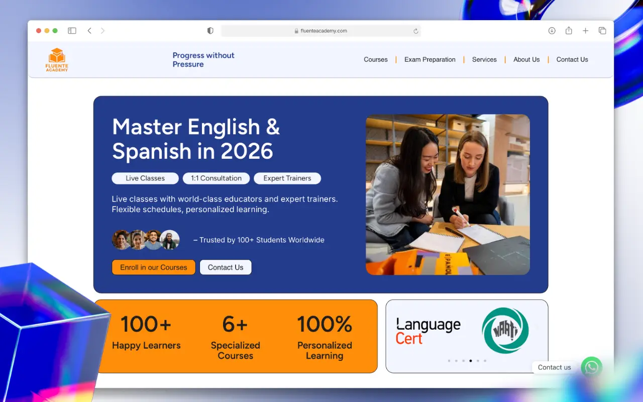 The Fluente Academy homepage: Master English and Spanish, with live classes, one to one consultations and expert trainers